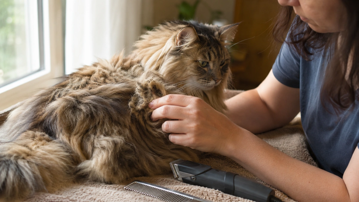 Cat owner inspecting tangled fur before deciding whether grooming clippers are appropriate