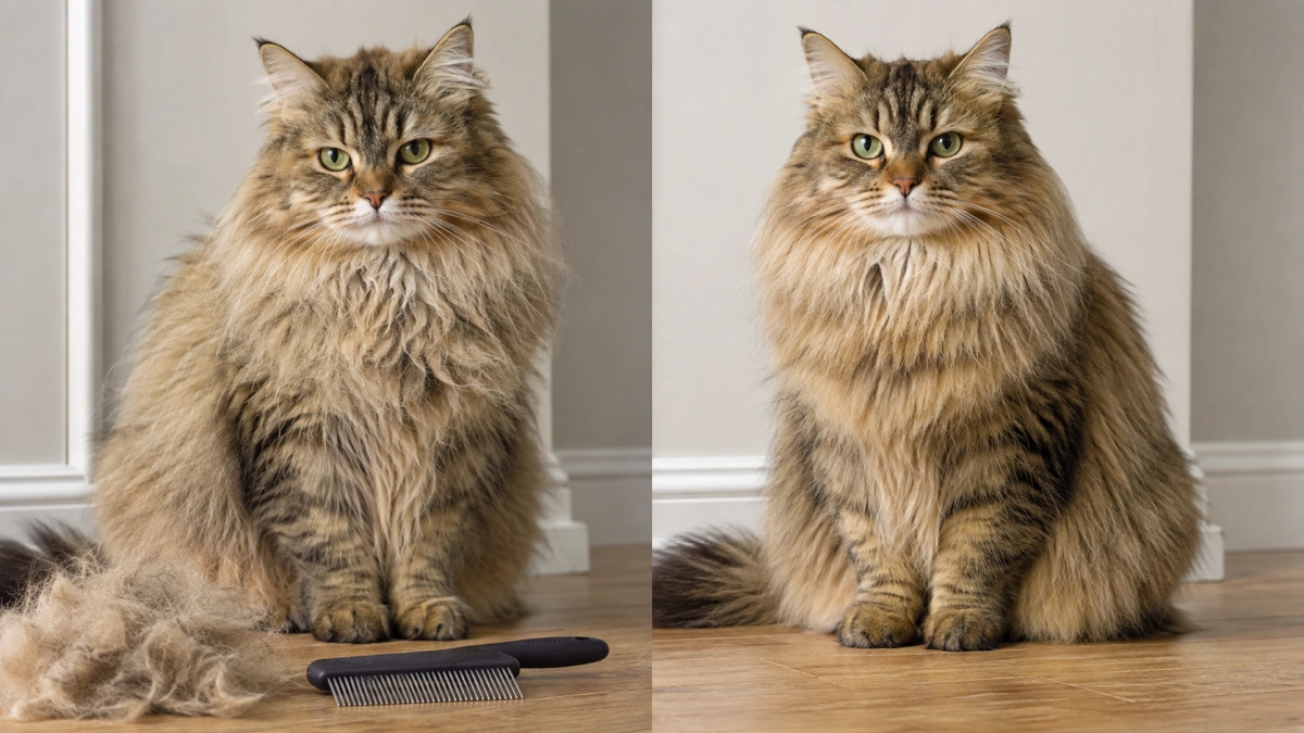 Same fluffy cat before and after deshedding with loose undercoat removed
