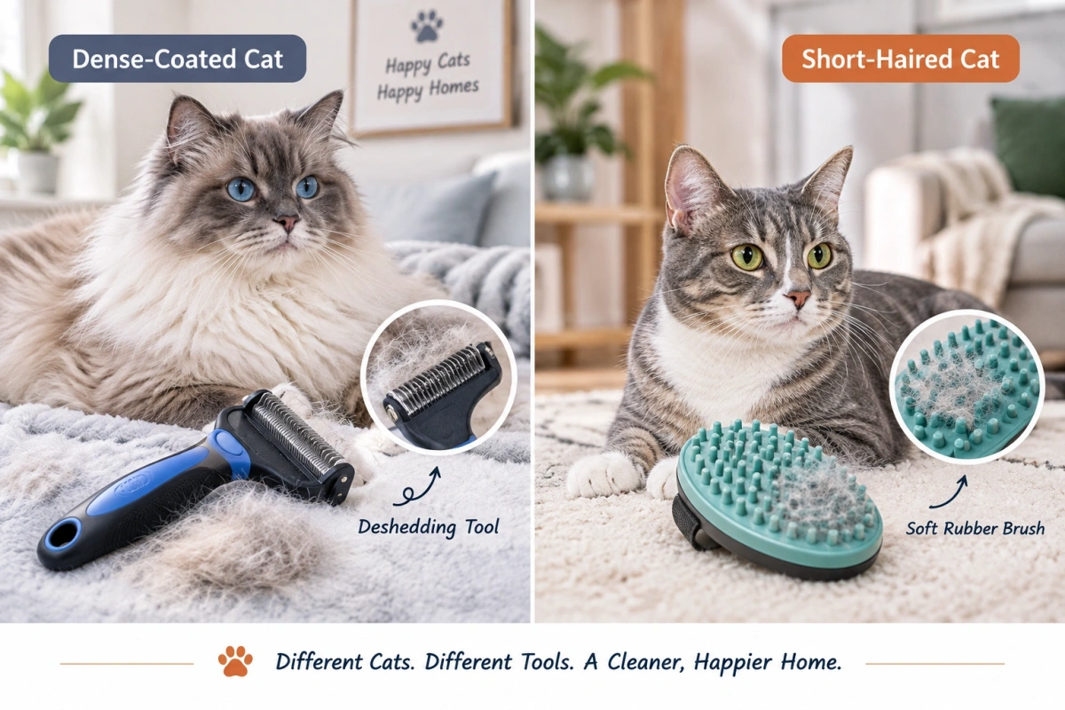 Deshedding tool compared with a soft cat grooming brush for different coat types