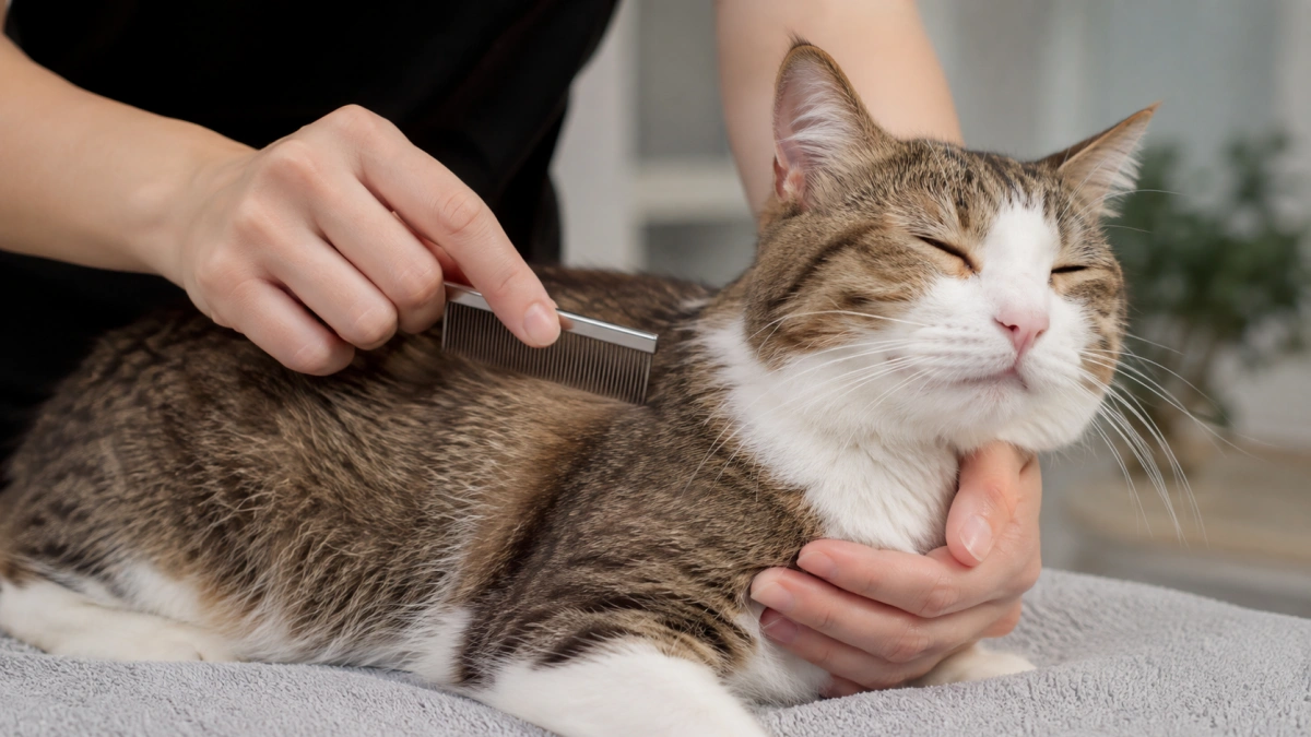 Owner gently using a flea comb through a cat coat