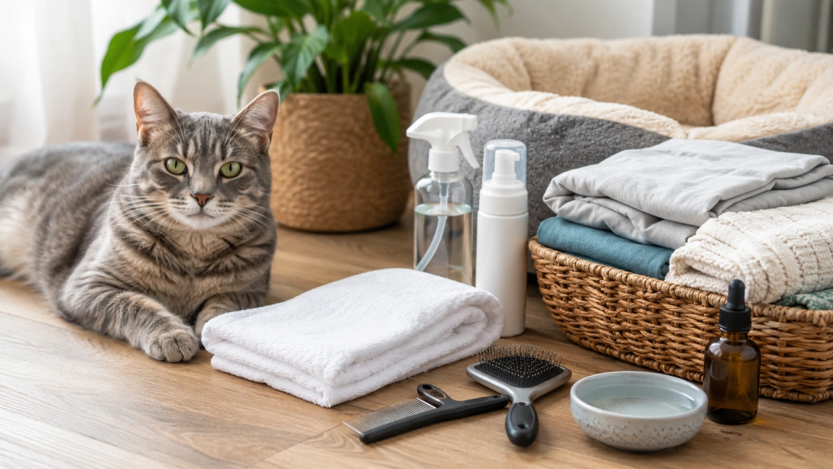 Complete cat flea grooming routine with comb brush towel and clean bedding