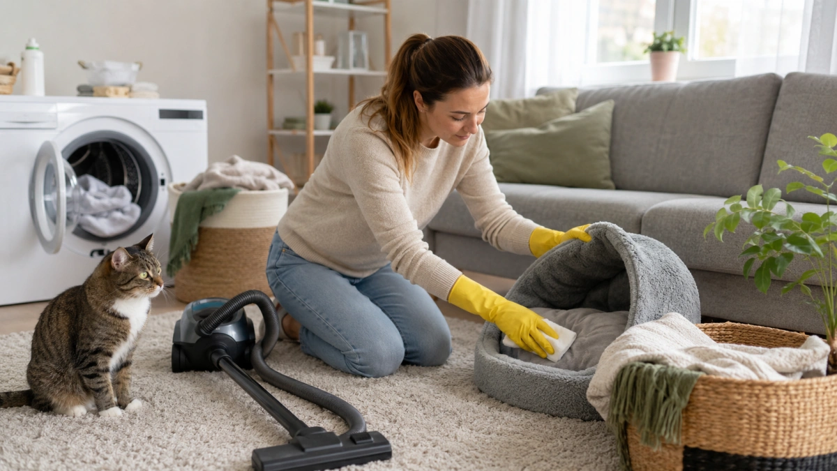 Owner cleaning cat bedding and home areas after flea concerns