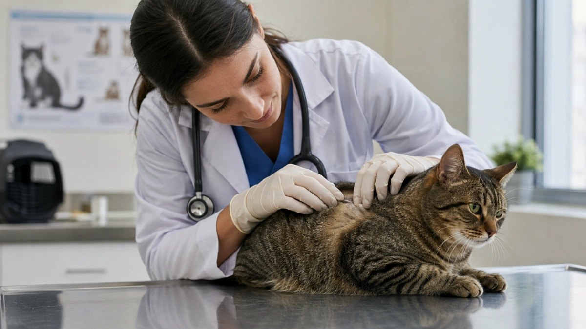 Veterinarian examining a cat during a flea related consultation
