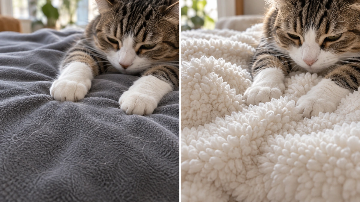Low pile fleece and deep plush cat blanket surfaces compared