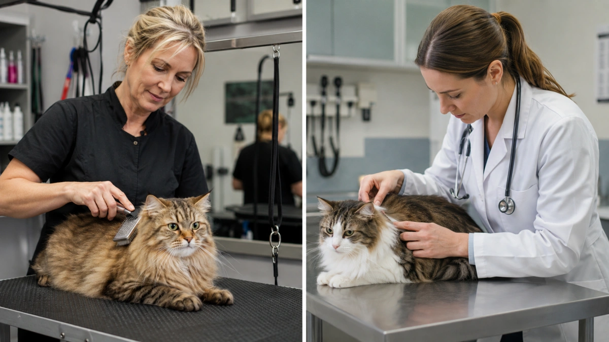 Professional cat groomer and veterinarian shown in their separate appropriate roles for feline care