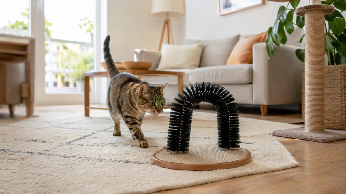 Self grooming arch placed naturally in a cat-friendly home environment