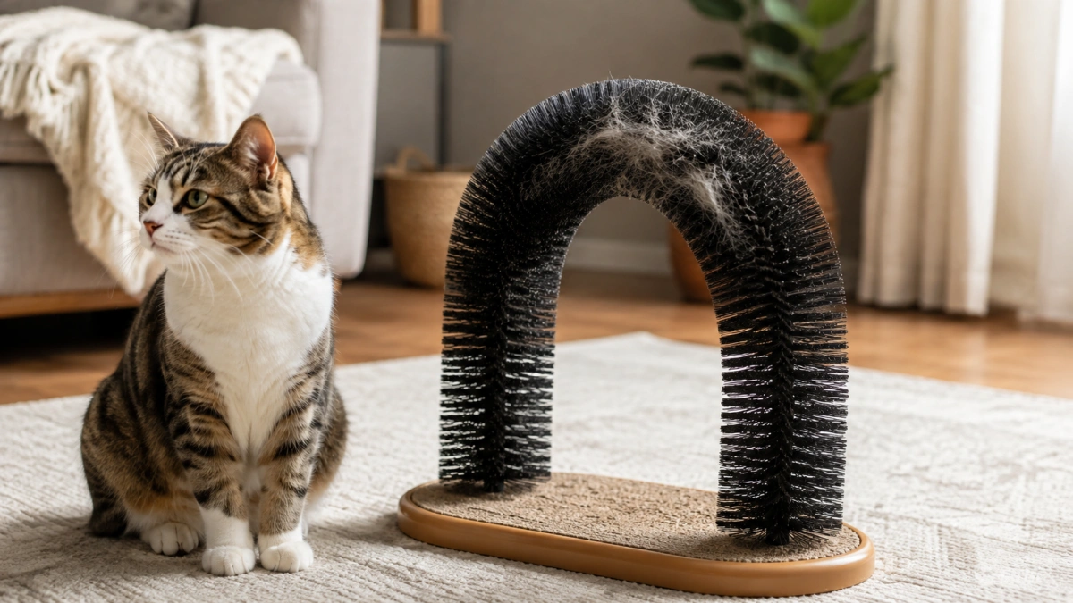 Self grooming arch collecting a small amount of loose cat hair