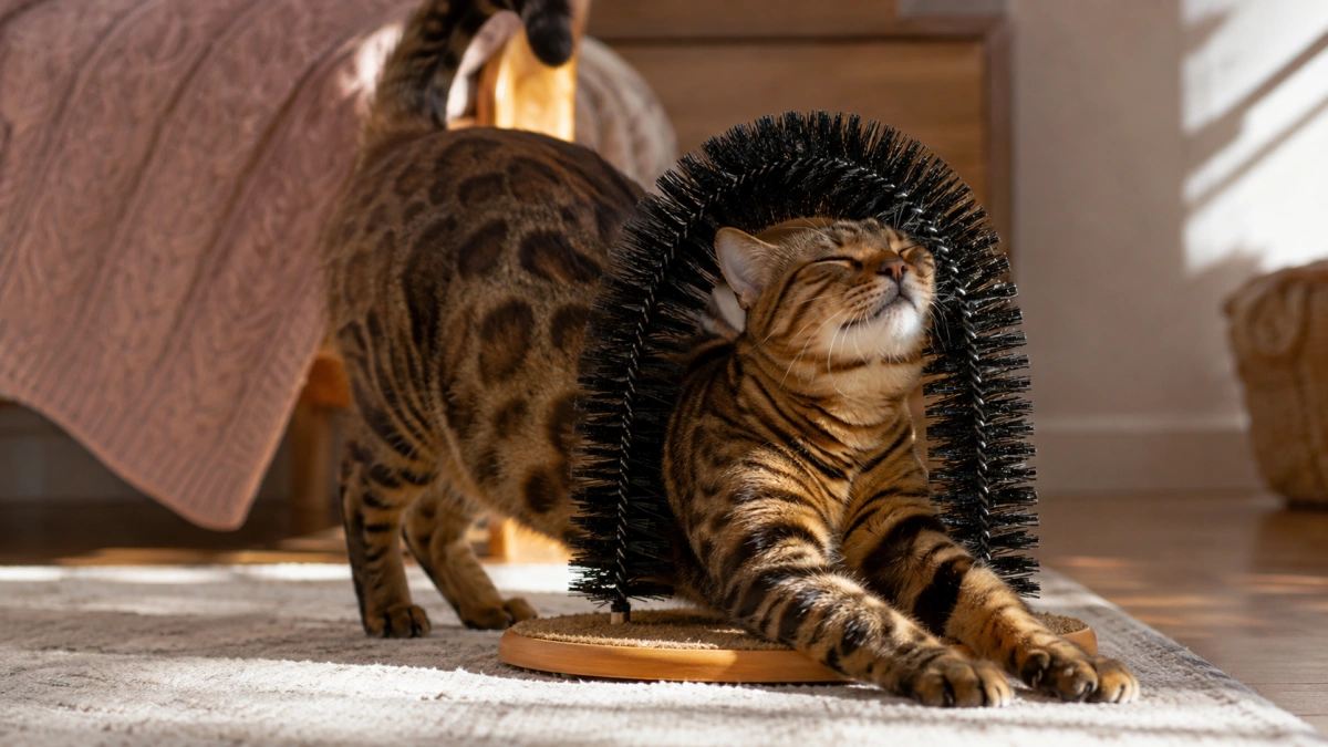 Cat enjoying rubbing against a self grooming arch brush