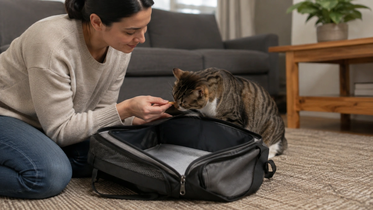 Owner introducing a grooming bag slowly to a cautious cat with treats