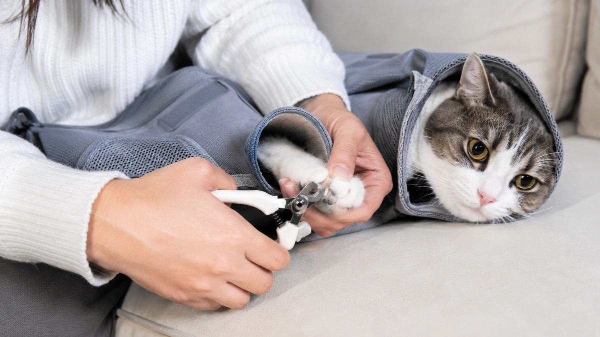 Owner safely trimming a cat claw while using a soft grooming restraint bag