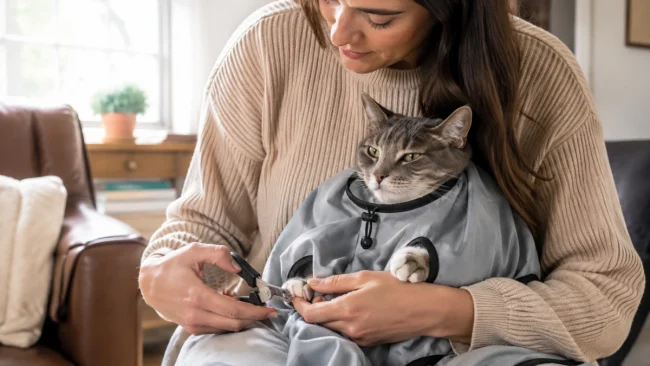 Cat wearing a soft grooming restraint bag during a calm nail trimming session