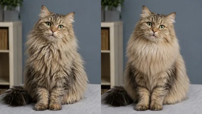 Same long-haired cat before and after brushing and professional coat grooming