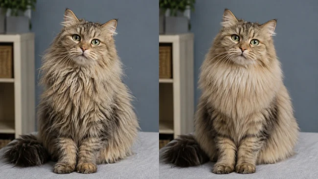 Same long-haired cat before and after brushing and professional coat grooming