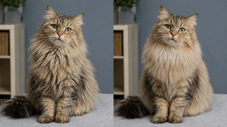 Same long-haired cat before and after brushing and professional coat grooming