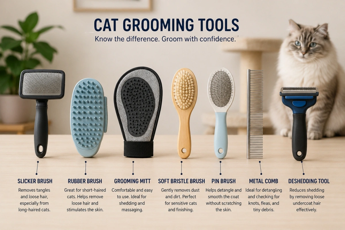 Comparison of common cat grooming brush types including slicker brush grooming mitt and soft brush