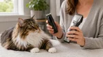 Cat grooming clippers and compact trimmer beside a relaxed long-haired cat