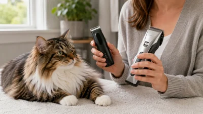 Cat grooming clippers and compact trimmer beside a relaxed long-haired cat