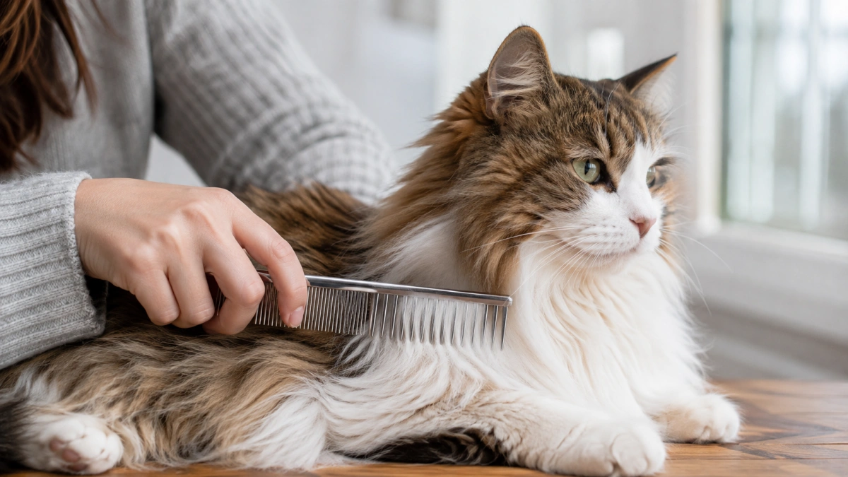 Long tooth metal comb used for grooming a long-haired cat