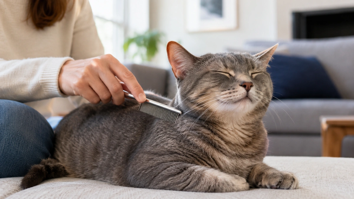 Fine tooth grooming comb used gently on a short-haired cat