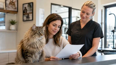 Cat owner reviewing a professional grooming service estimate beside a relaxed long-haired cat