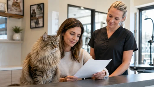Cat owner reviewing a professional grooming service estimate beside a relaxed long-haired cat