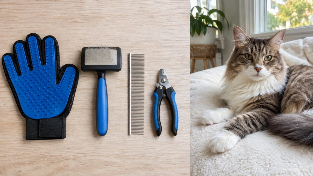 Simple home cat grooming kit including a grooming glove brush metal comb and nail clippers