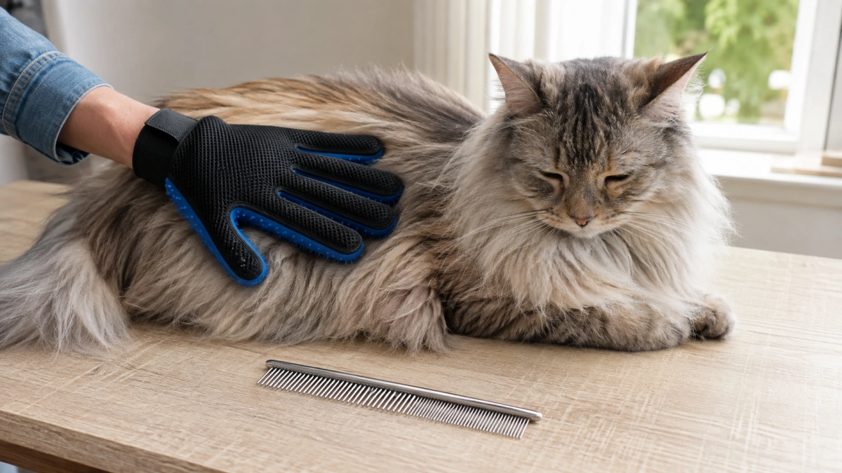 Grooming glove beside a metal comb showing different uses for surface fur and deeper cat coat care