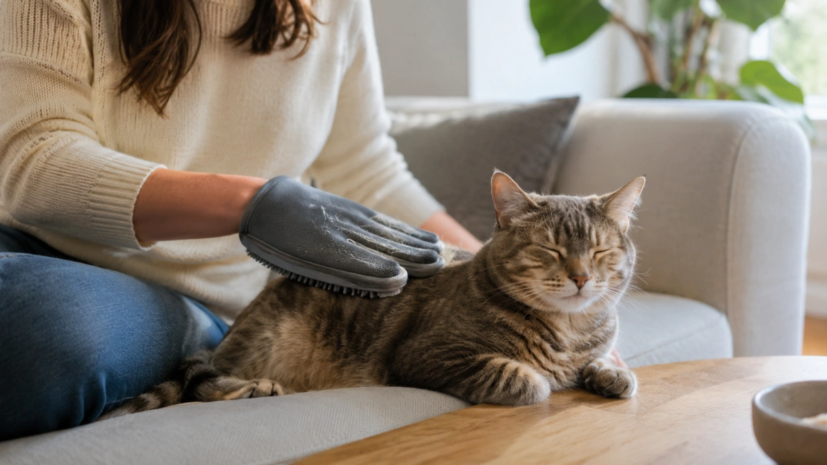 Relaxed cat being groomed with a soft silicone grooming mitt during normal petting