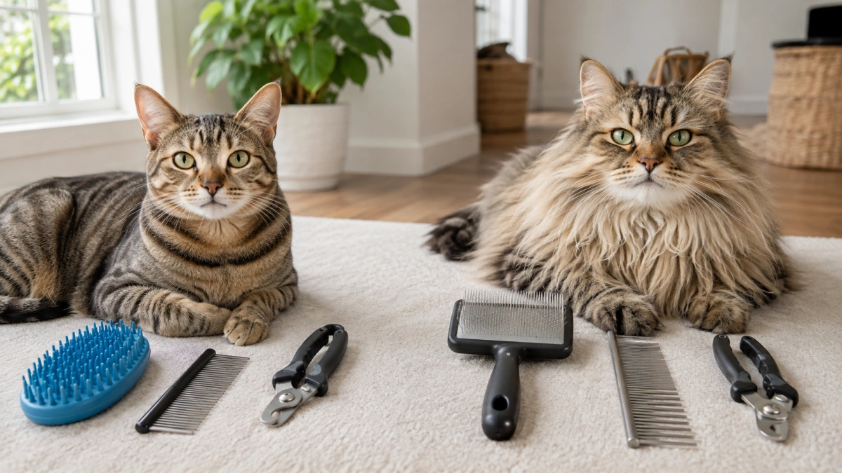 Different cat grooming brushes selected for short medium and long cat coats