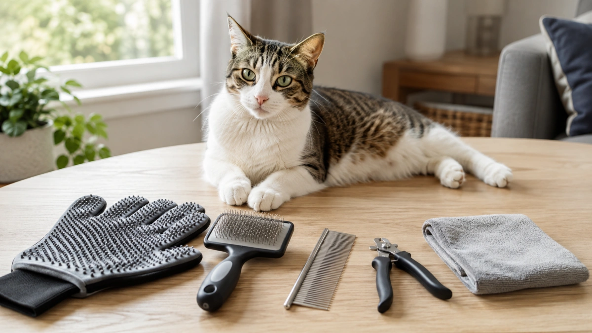 Silicone cat grooming glove included as an optional tool in a home grooming kit