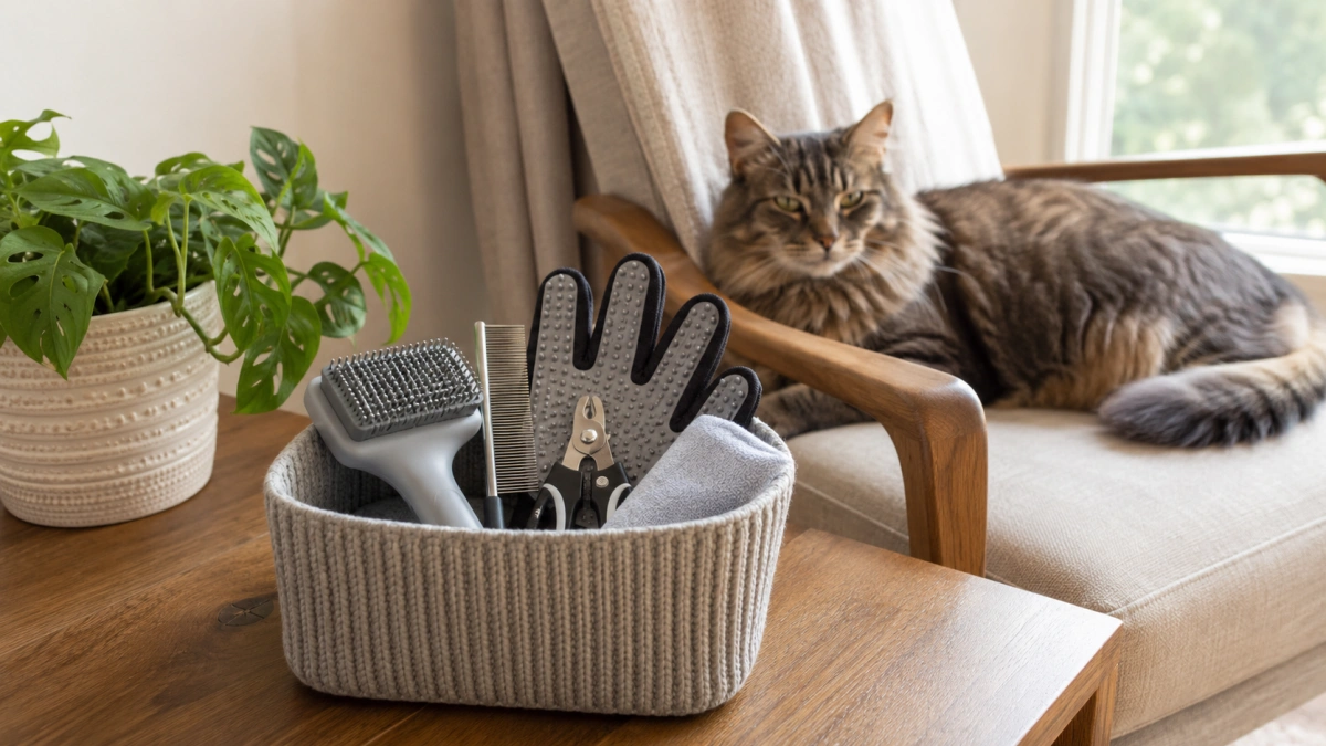 Clean organized cat grooming tools stored in a small home grooming basket