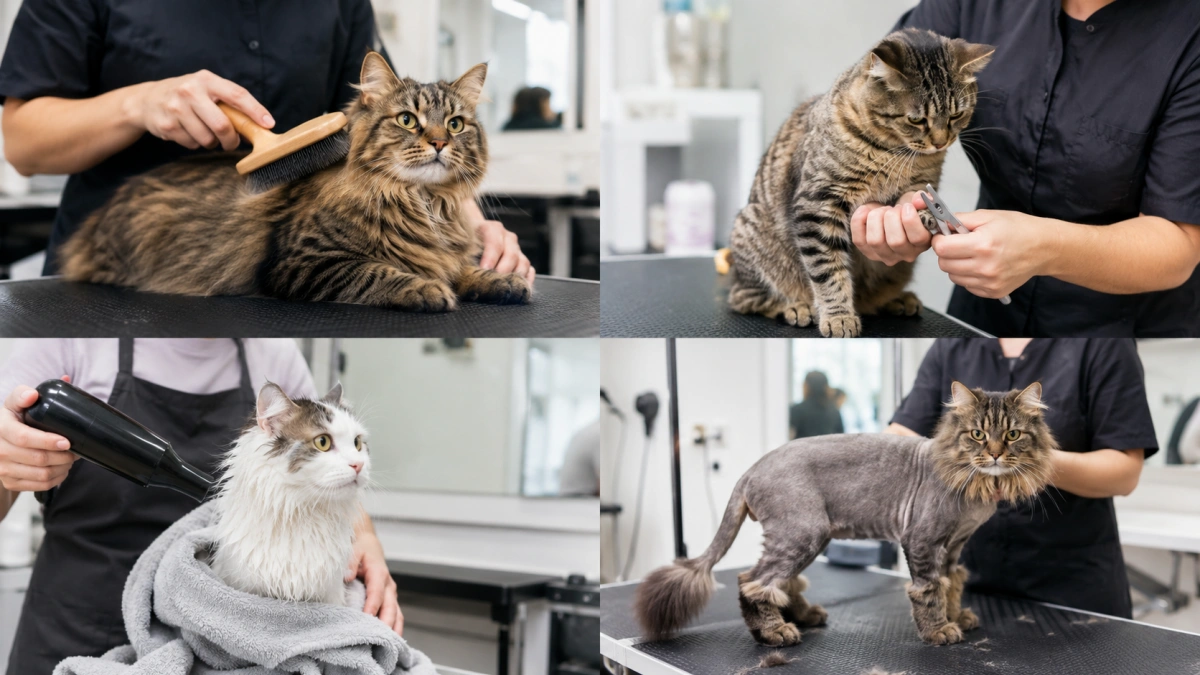 Professional cat grooming services including bath nail trim brushing and lion cut represented in one realistic salon scene