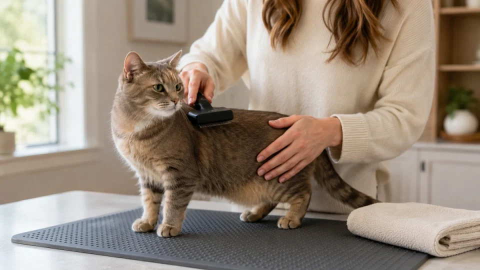 Cat being gently brushed with minimal supportive handling on a non-slip grooming mat