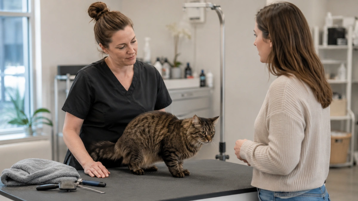 Professional feline groomer assessing a cat before deciding how much handling is needed