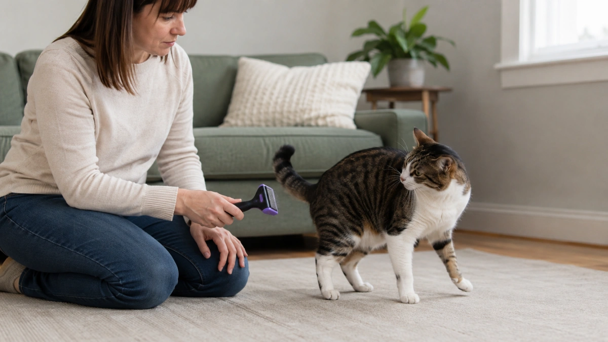 Cat showing early signs of discomfort while the owner pauses grooming