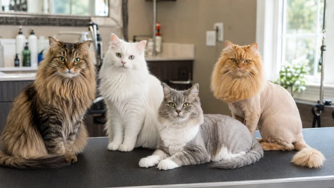 Different practical cat grooming styles including natural coat sanitary trim comb cut and lion cut