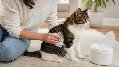 Owner using a pet grooming wipe for a small spot clean on a relaxed cat