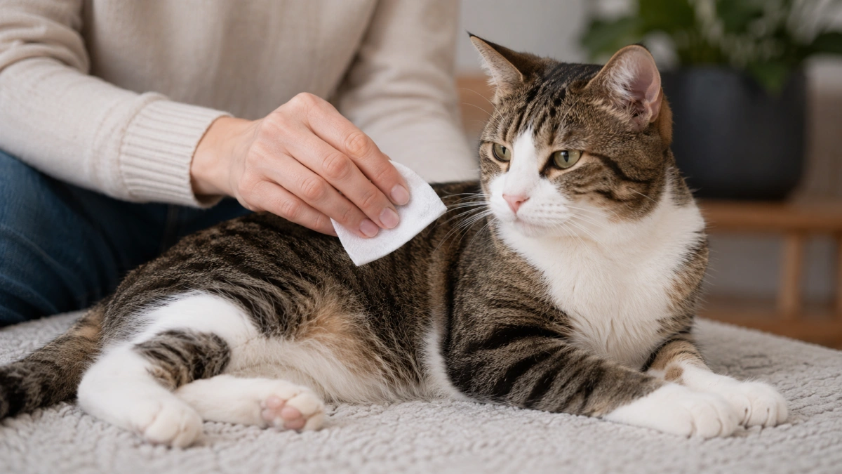 Owner using a grooming wipe only on external cat fur and away from sensitive areas