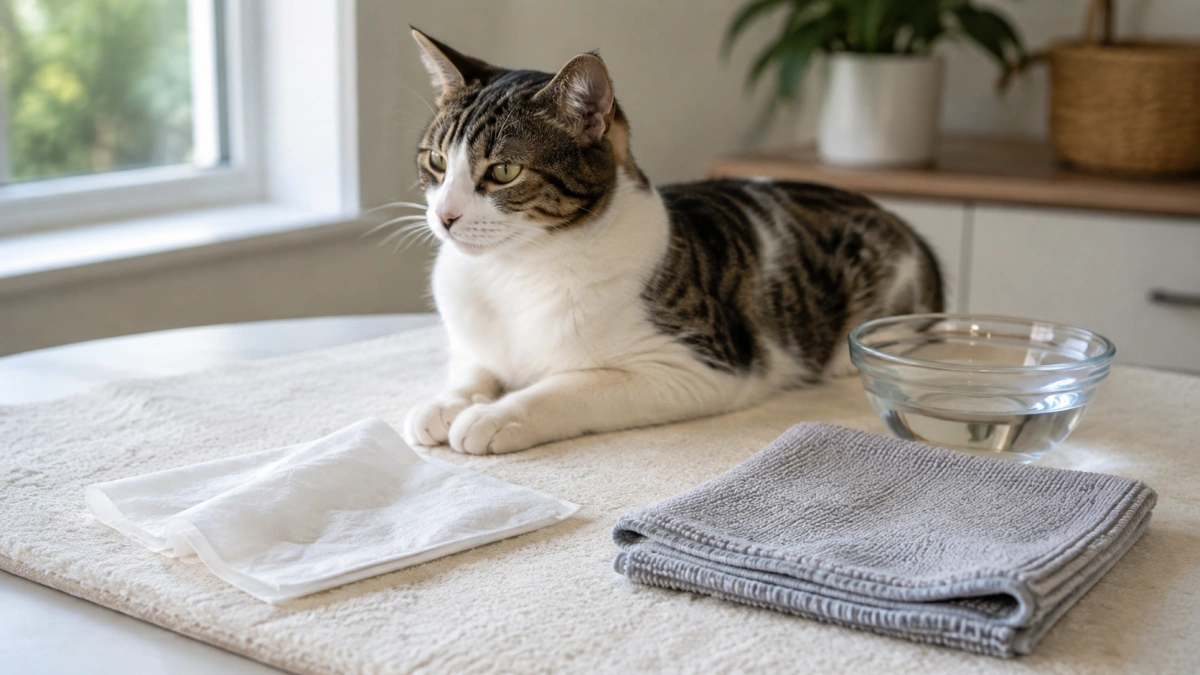 Pet grooming wipe compared with a clean damp cloth for minor cat cleanup