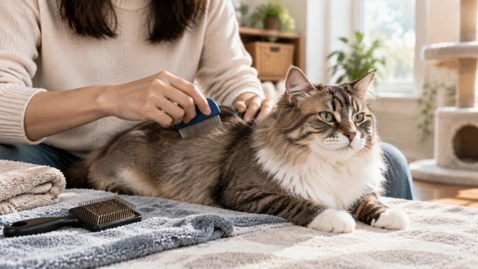 Owner gently using a flea comb on a relaxed cat during grooming