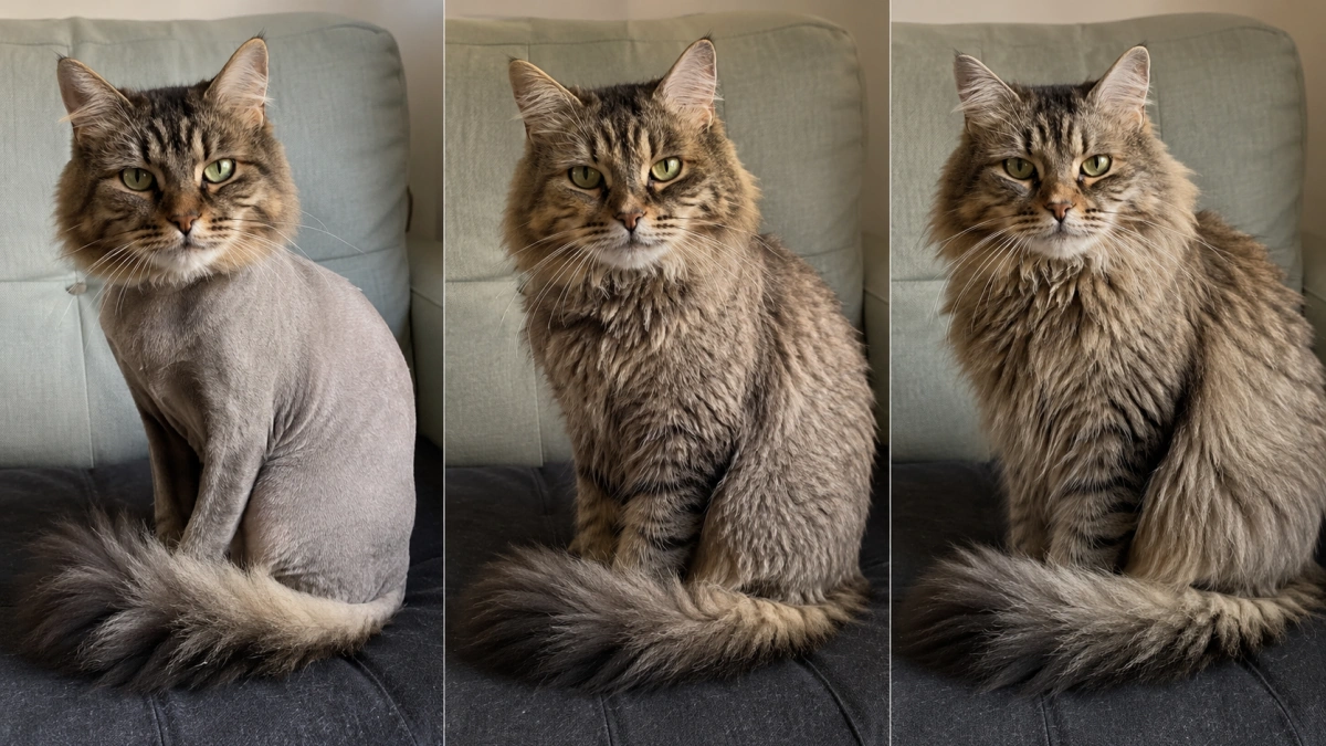 Same cat shown through gradual coat regrowth after a professional haircut