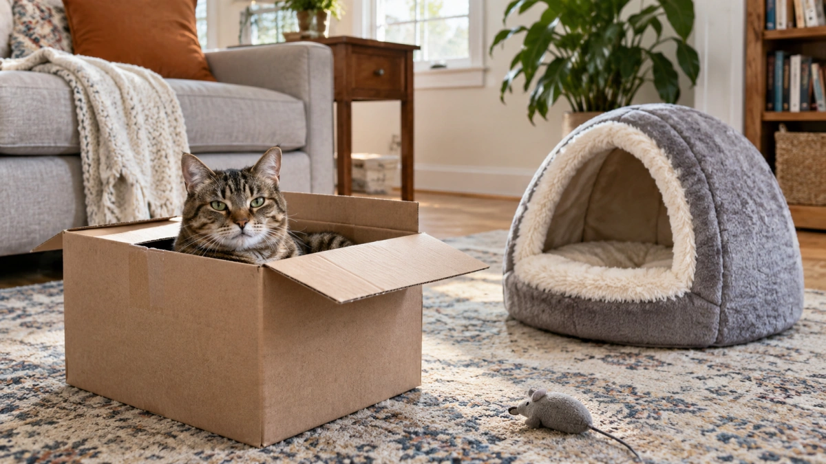 Cat choosing a cardboard box beside an unused cave bed