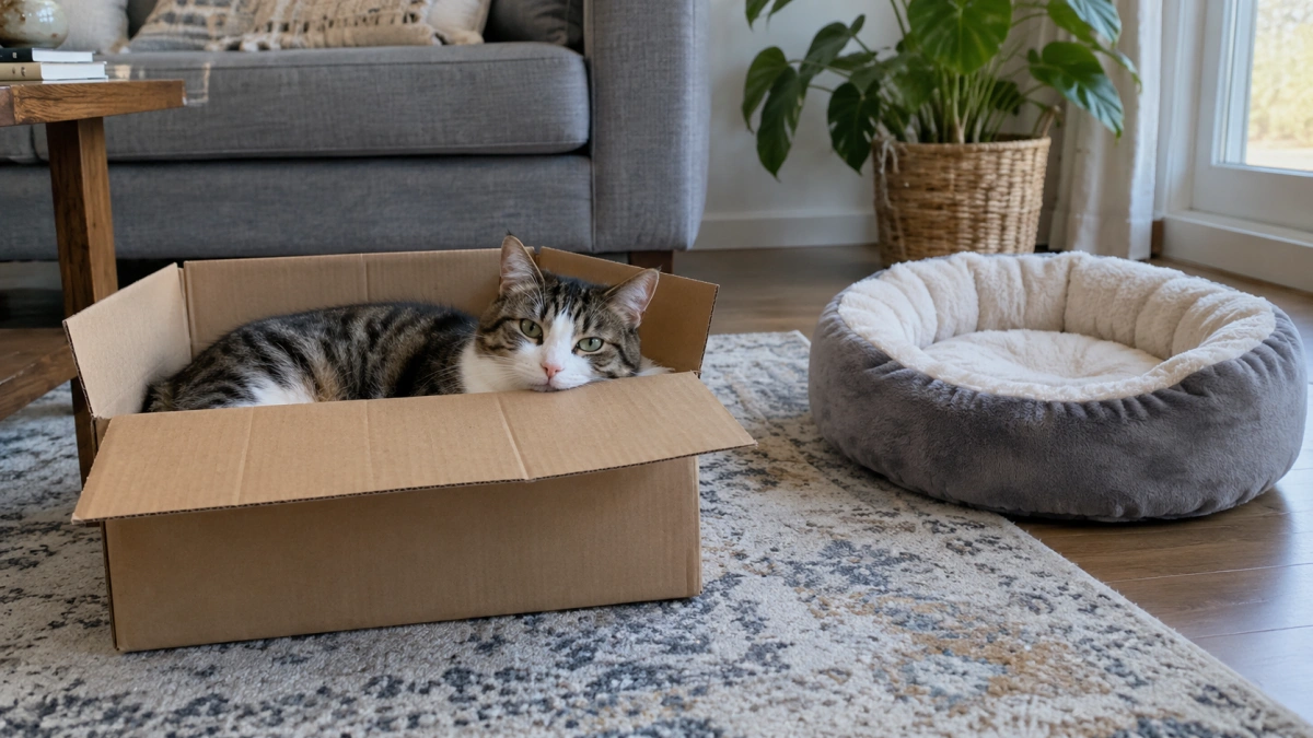 Cat choosing a cardboard box beside an unused new cat bed