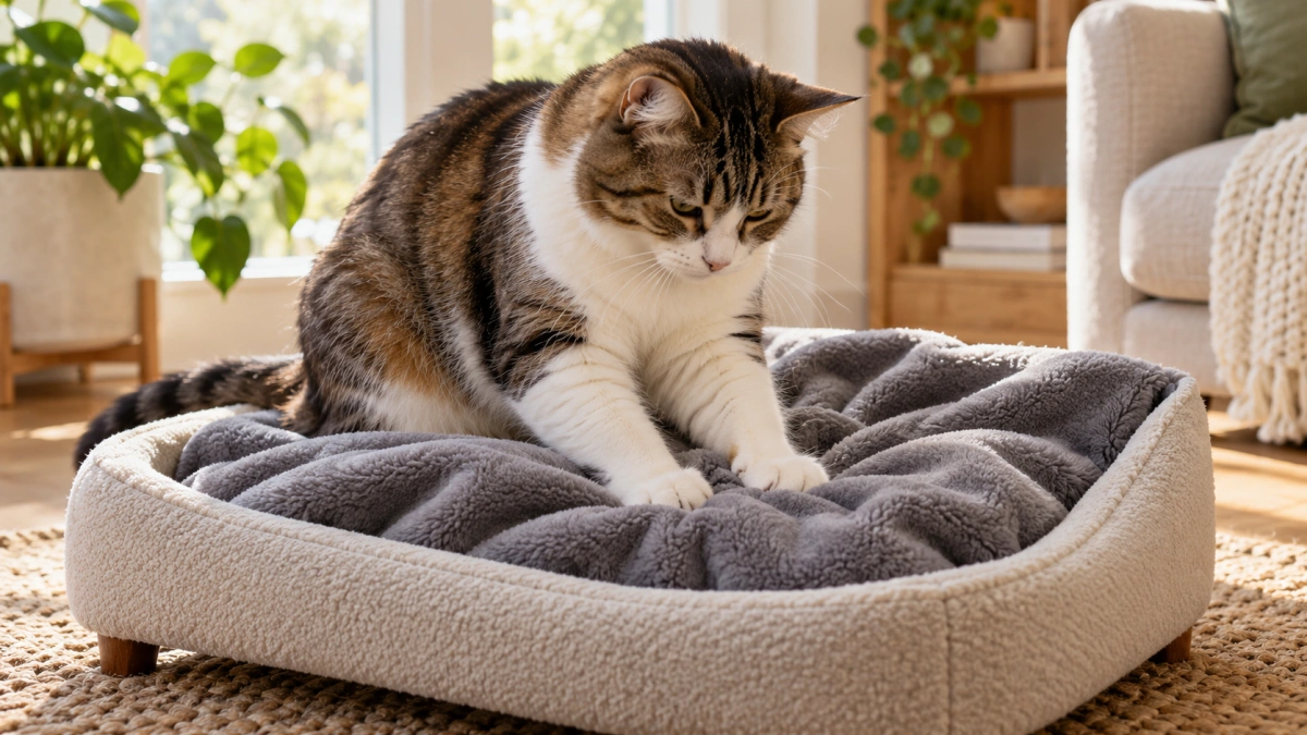 Cat kneading a tightly constructed fleece blanket