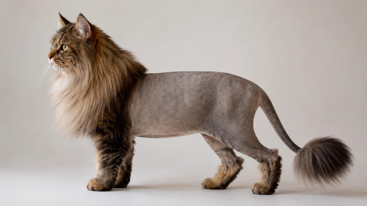 Relaxed cat showing the typical shape of a lion cut with full mane short torso and fluffy tail tip