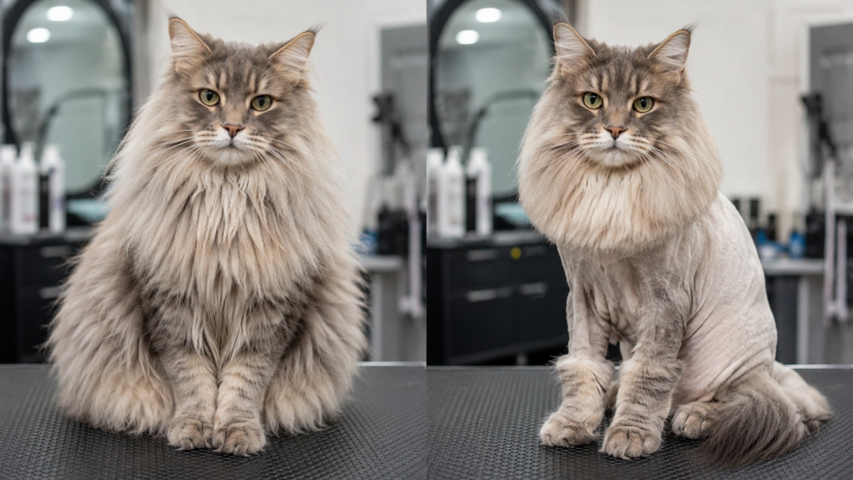 Same long-haired cat before and after a professionally completed lion cut