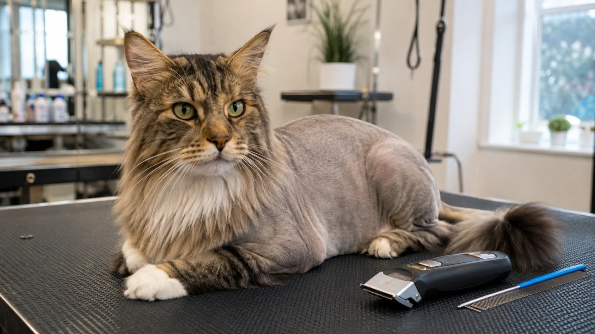Professionally lion-cut long-haired cat in a grooming salon with clippers resting nearby