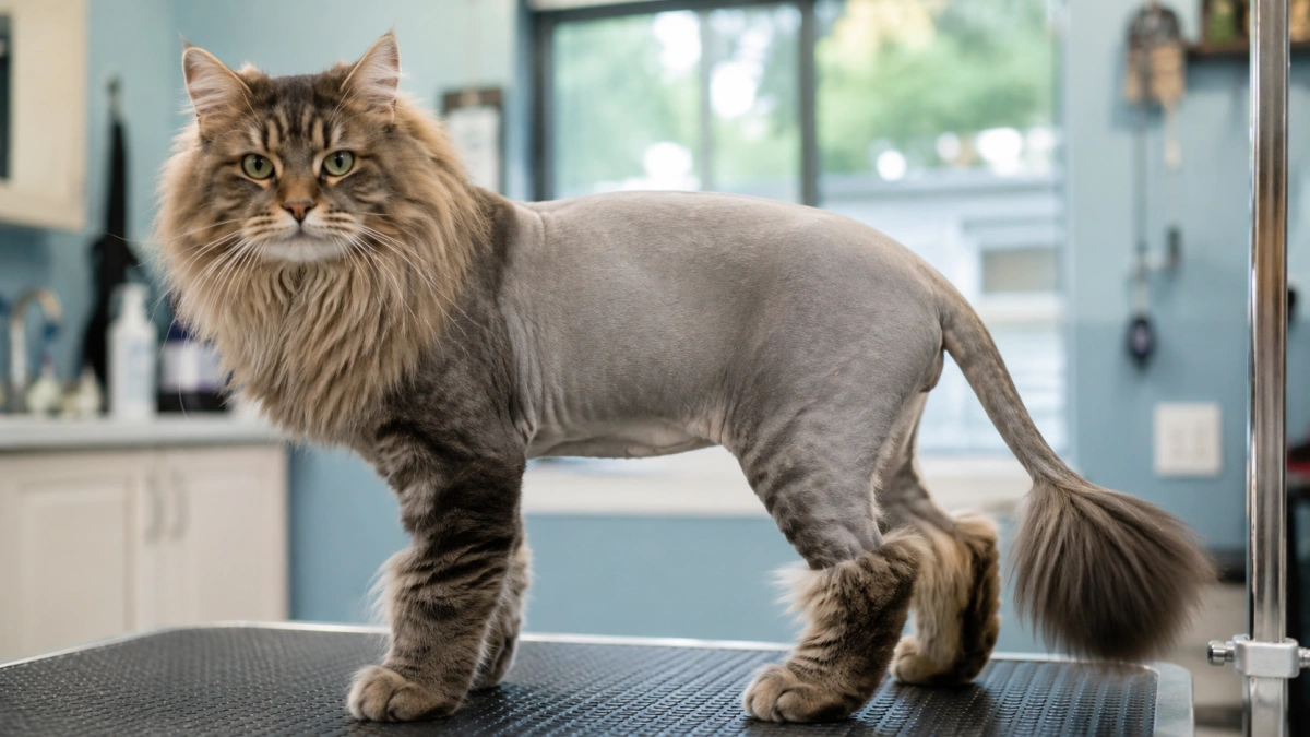 Long-haired cat with a professionally finished lion cut