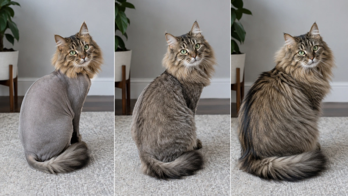 Three stages of a long-haired cat coat gradually growing back after a lion cut