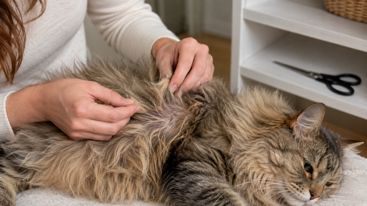 Dense cat fur mat being inspected without using household scissors